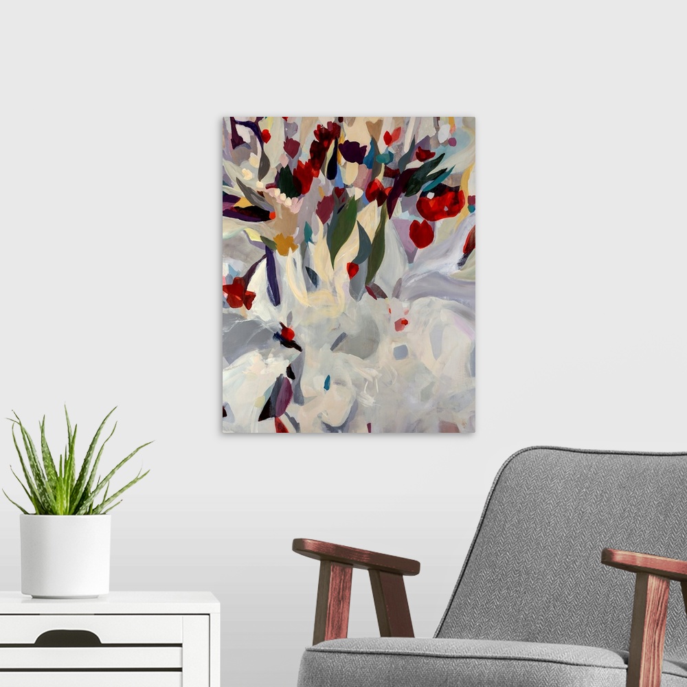 A modern room featuring Large abstract modern painting of a uniquely arranged bouquet of blooming flowers. Vibrant tones ...