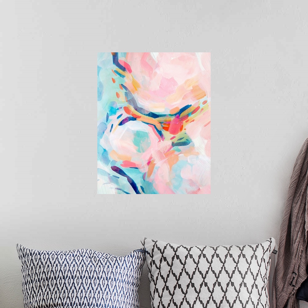 A bohemian room featuring Contemporary abstract painting in yellow, teal, and pink.