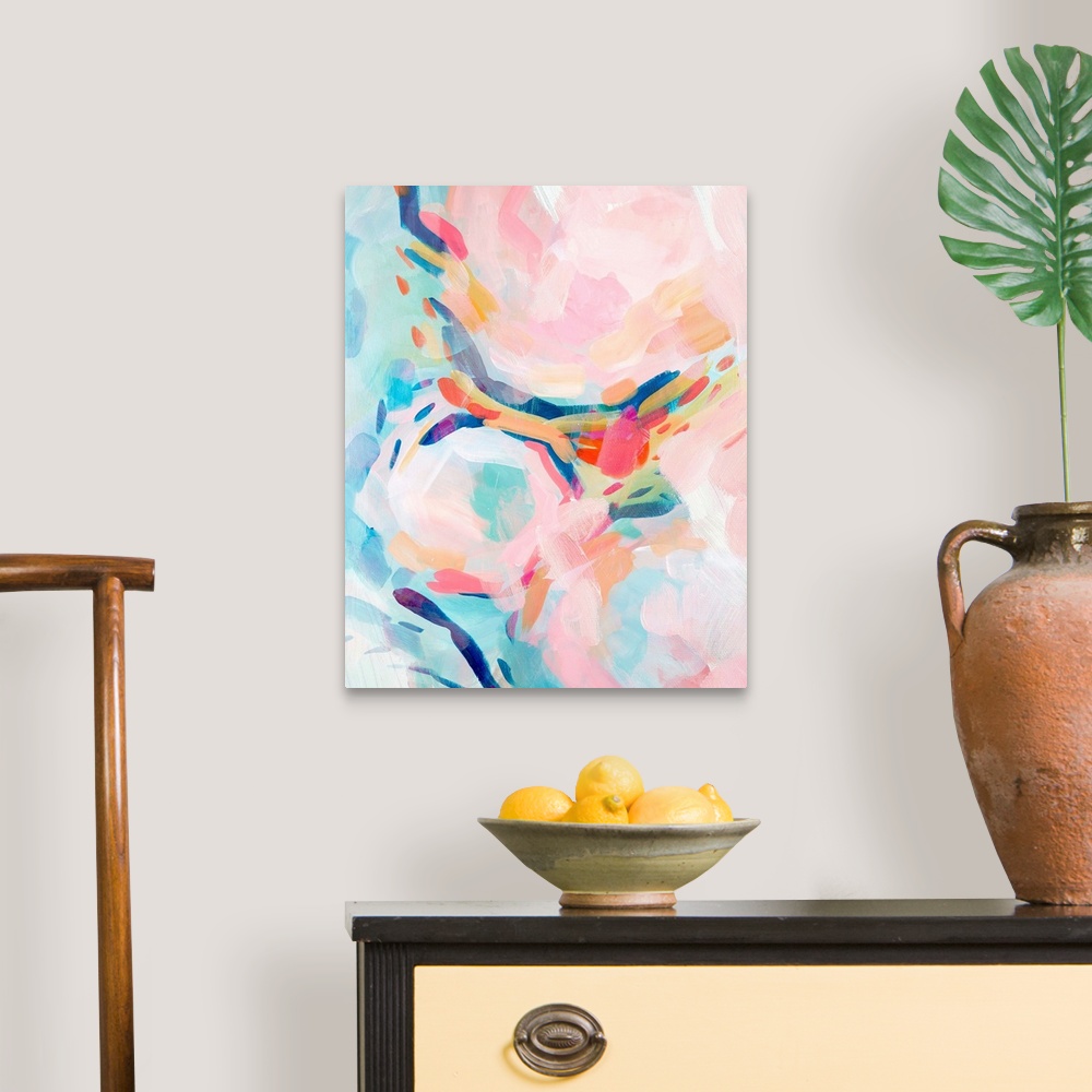 A traditional room featuring Contemporary abstract painting in yellow, teal, and pink.