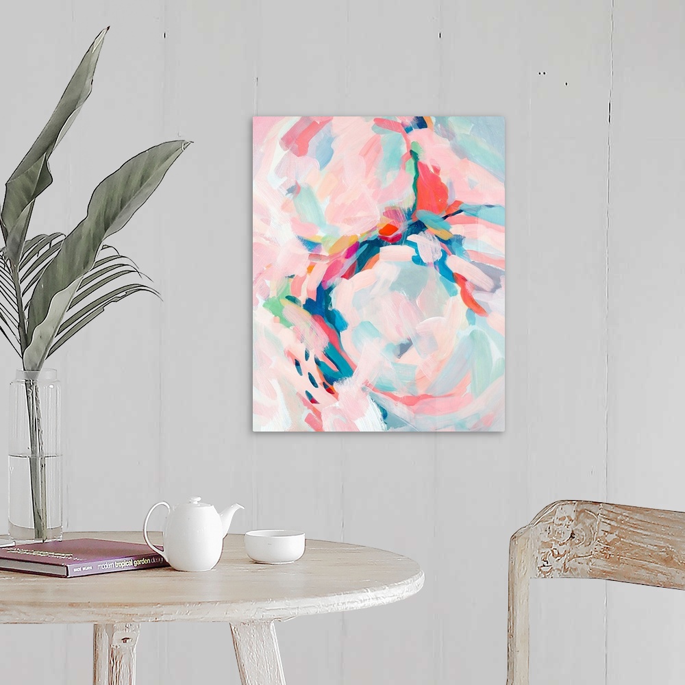 A farmhouse room featuring Contemporary abstract painting in yellow, teal, and pink.