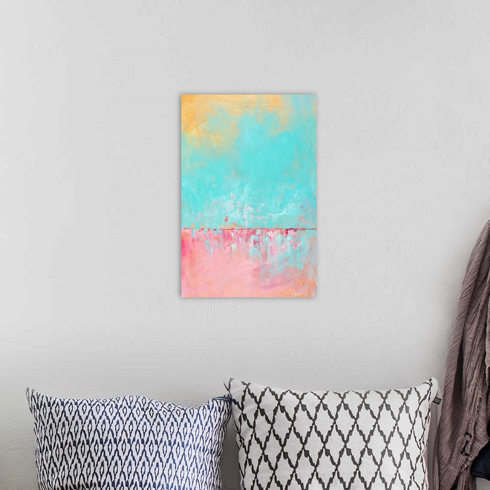 A bohemian room featuring Contemporary abstract painting in yellow, teal, and pink.