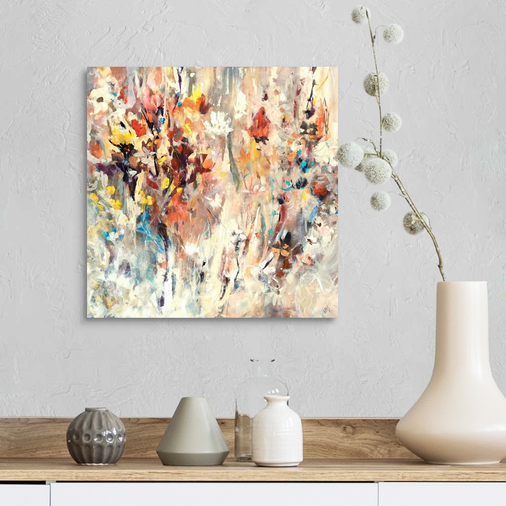 A farmhouse room featuring Contemporary painting of many bright flowers, seemingly jumping from the beige background, full o...
