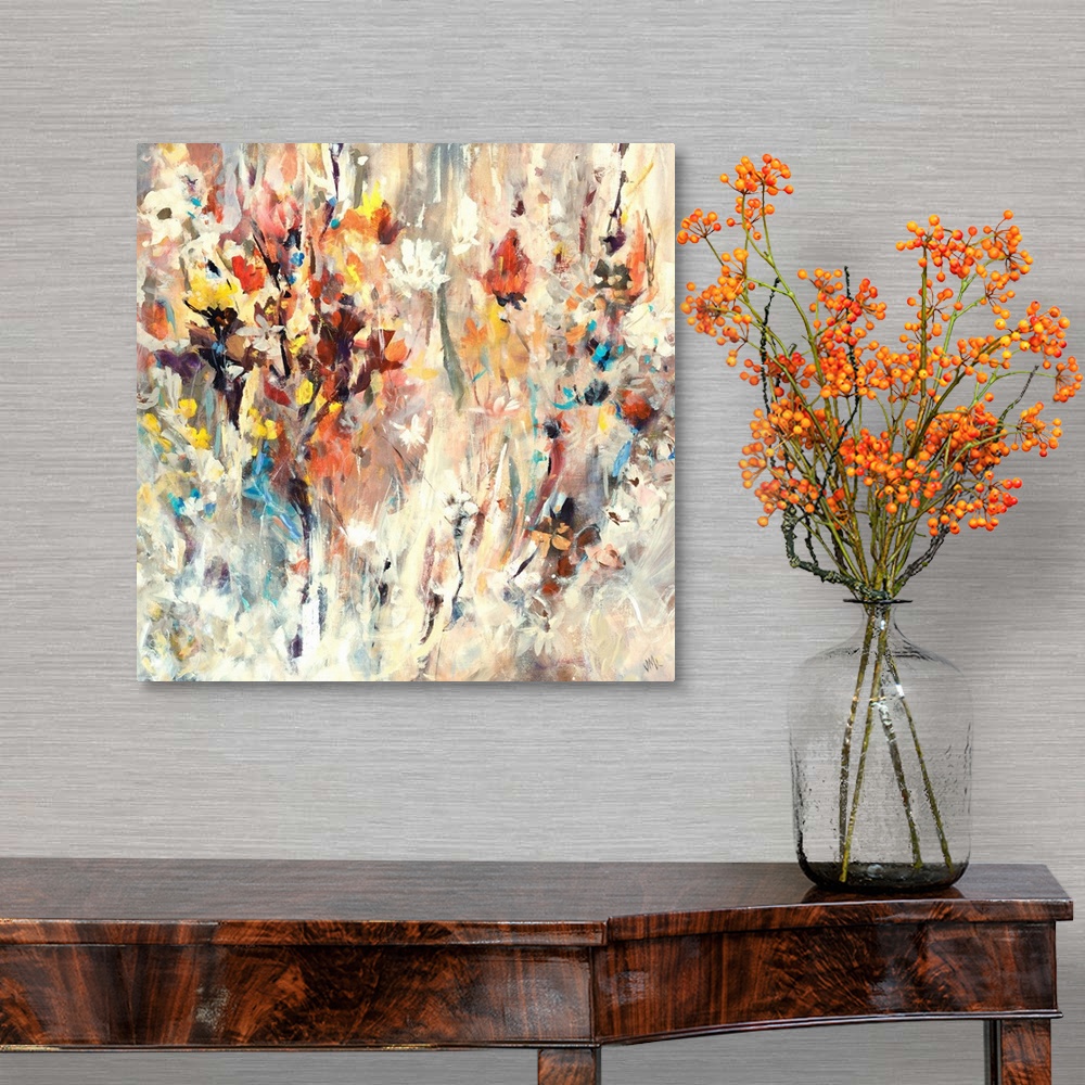 A traditional room featuring Contemporary painting of many bright flowers, seemingly jumping from the beige background, full o...