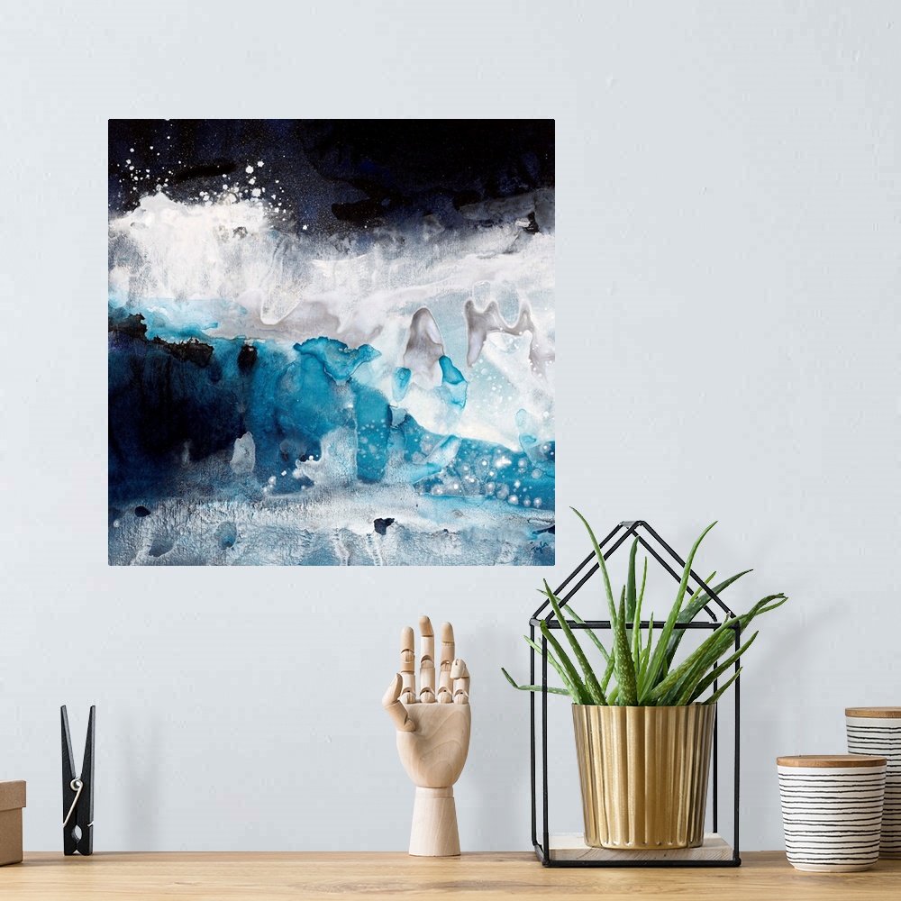 A bohemian room featuring Contemporary abstract painting of what looks like crashing blue and white waves of ocean water.