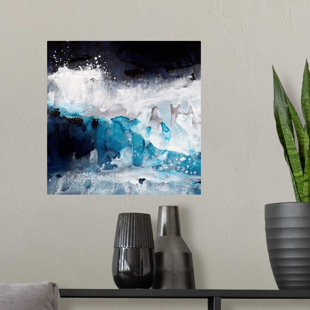 A modern room featuring Contemporary abstract painting of what looks like crashing blue and white waves of ocean water.