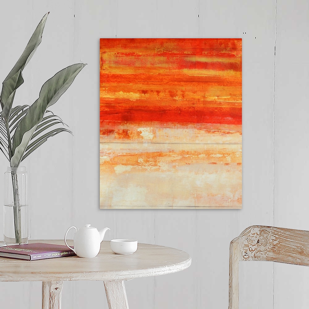 A farmhouse room featuring Abstract painting of a warm gradient texture going from dark to light vertically on canvas.