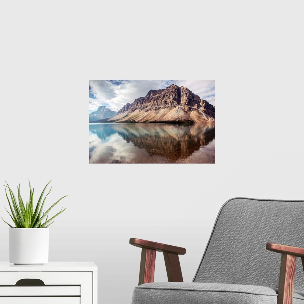 A modern room featuring Crowfoot Mountain reflected in Bow Lake located in Banff National Park, Alberta, Canada.