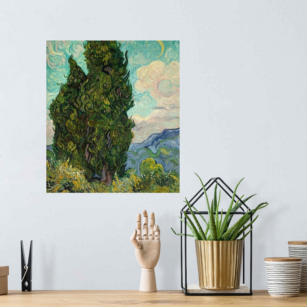 A bohemian room featuring Cypresses was painted in late June 1889, shortly after Van Gogh began his yearlong stay at the as...