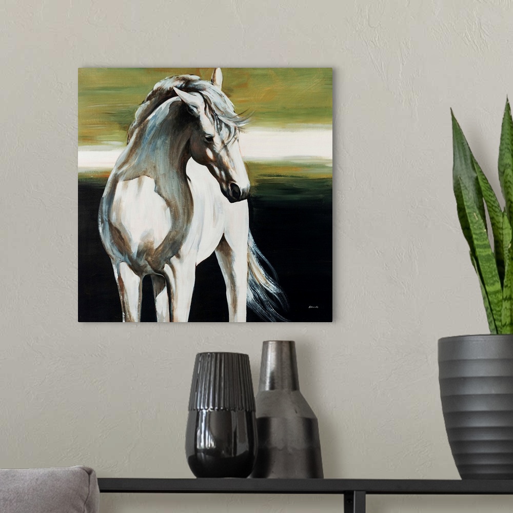 A modern room featuring Square, big painting of a partially shadowed, white horse from the knees up, standing forward wit...