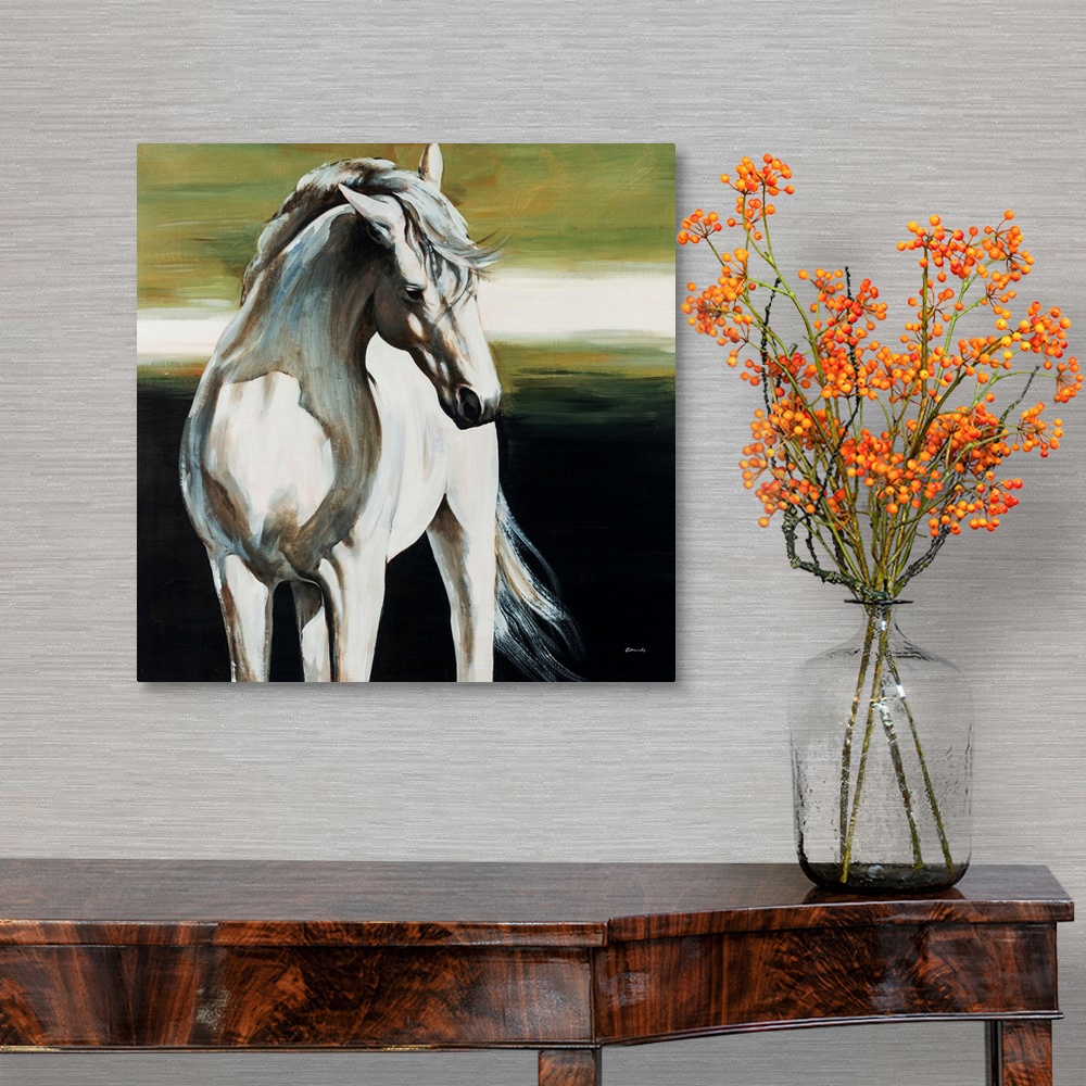 A traditional room featuring Square, big painting of a partially shadowed, white horse from the knees up, standing forward wit...