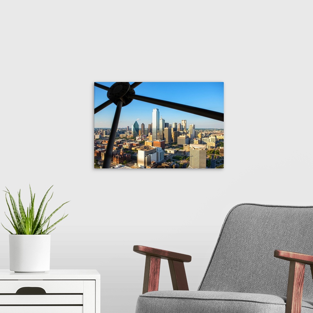 A modern room featuring A cityscape view of Dallas, Texas.