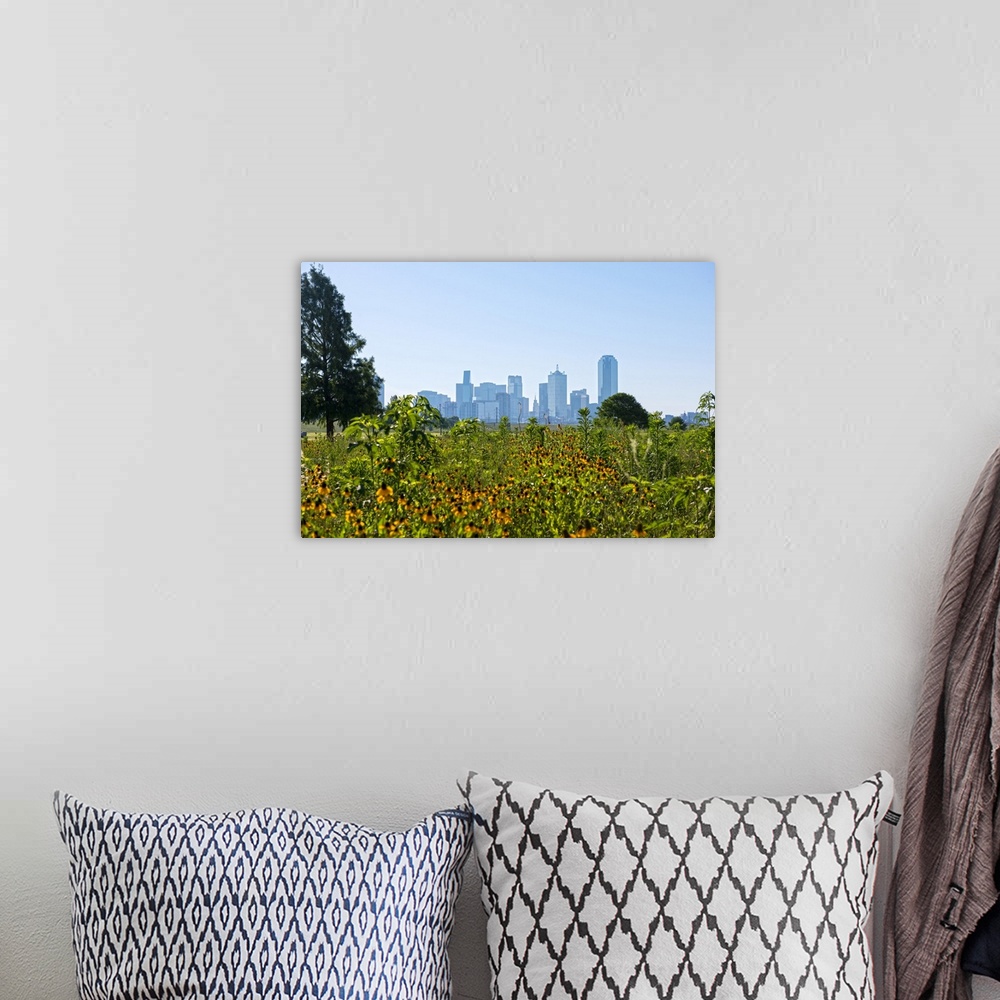 A bohemian room featuring A field of wild flowers in the foreground of the Dallas Texas skyline.