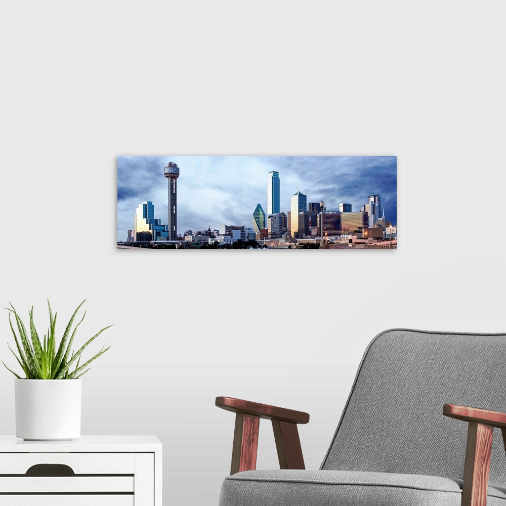 A modern room featuring A horizontal image of the city of Dallas, Texas.