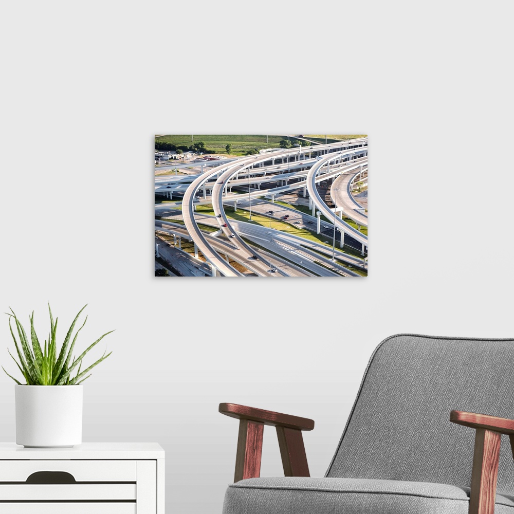 A modern room featuring Winding highway bridges in Dallas, Texas.
