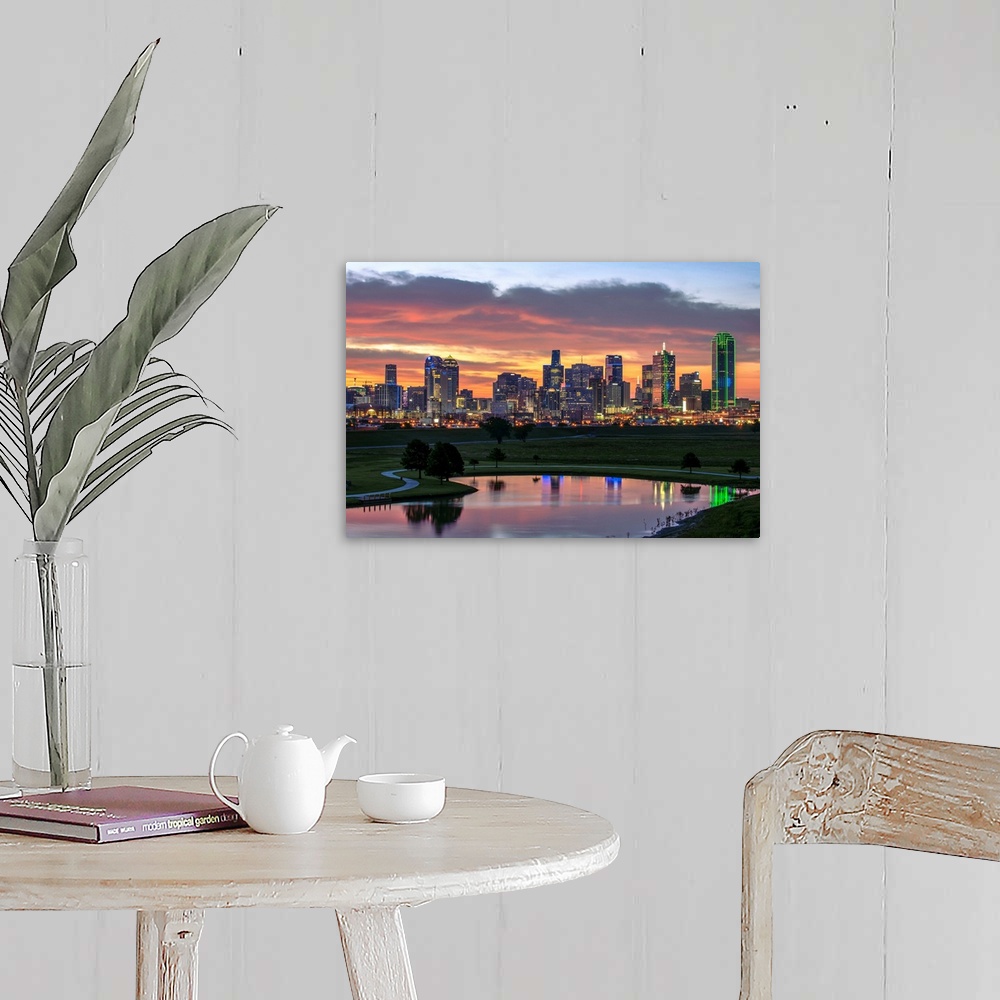 A farmhouse room featuring A horizontal image of the Dallas, Texas city skyline at sunset