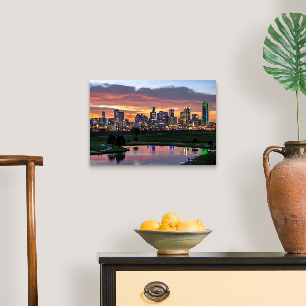 A traditional room featuring A horizontal image of the Dallas, Texas city skyline at sunset