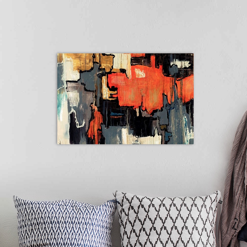 A bohemian room featuring Abstract painting of bold dark colors with black lines running between the separation of colors.