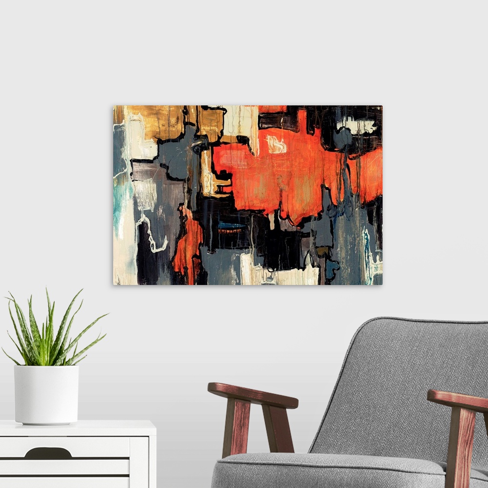 A modern room featuring Abstract painting of bold dark colors with black lines running between the separation of colors.