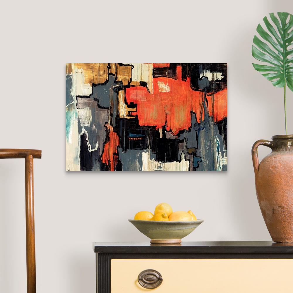 A traditional room featuring Abstract painting of bold dark colors with black lines running between the separation of colors.