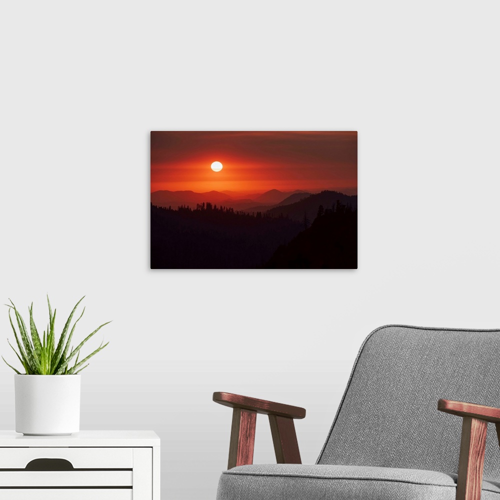 A modern room featuring View of a darkened red sky in Sequoia National Park, California.