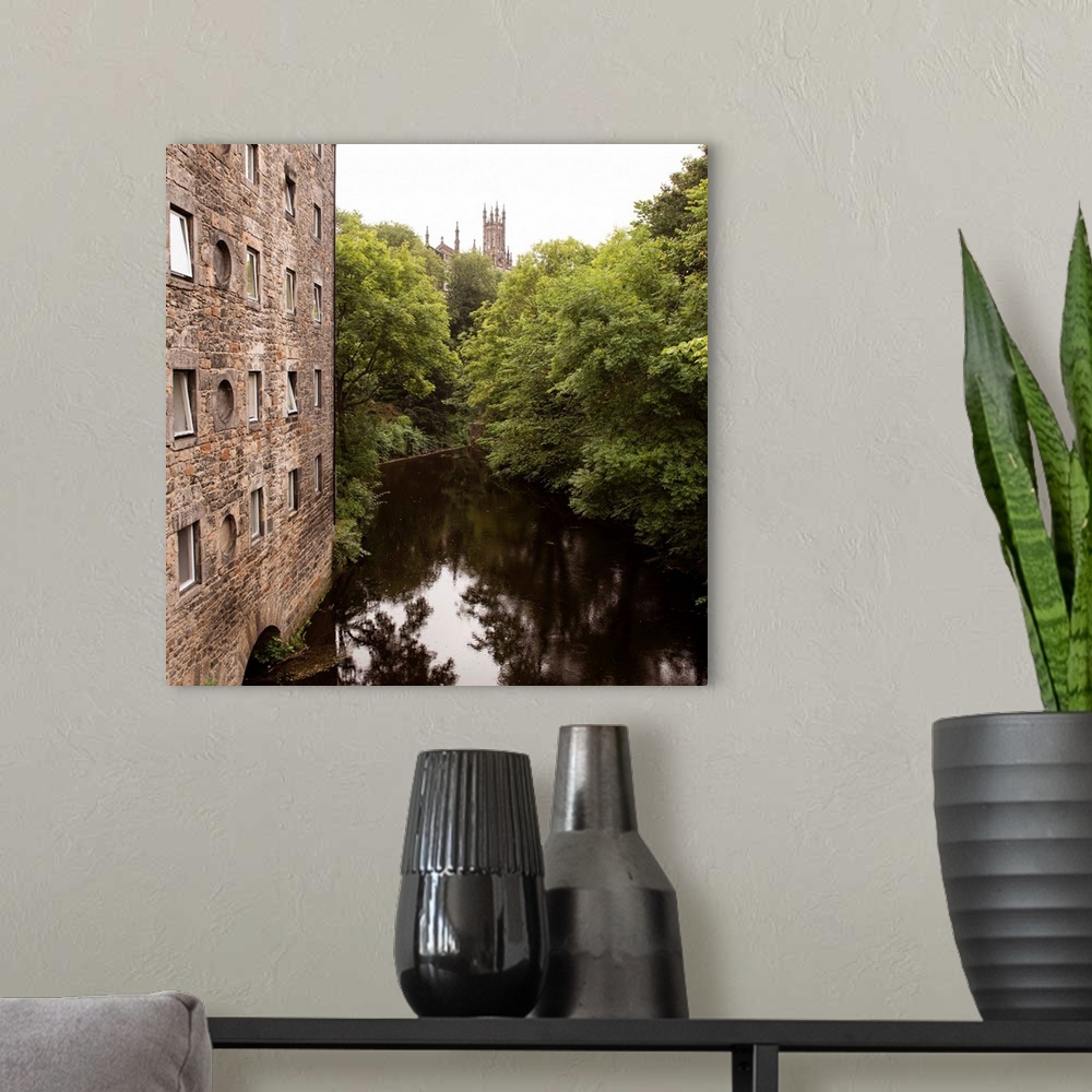 A modern room featuring Square photograph of the picturesque area in Dean Village on the Water of Leith in Edinburgh, Sco...