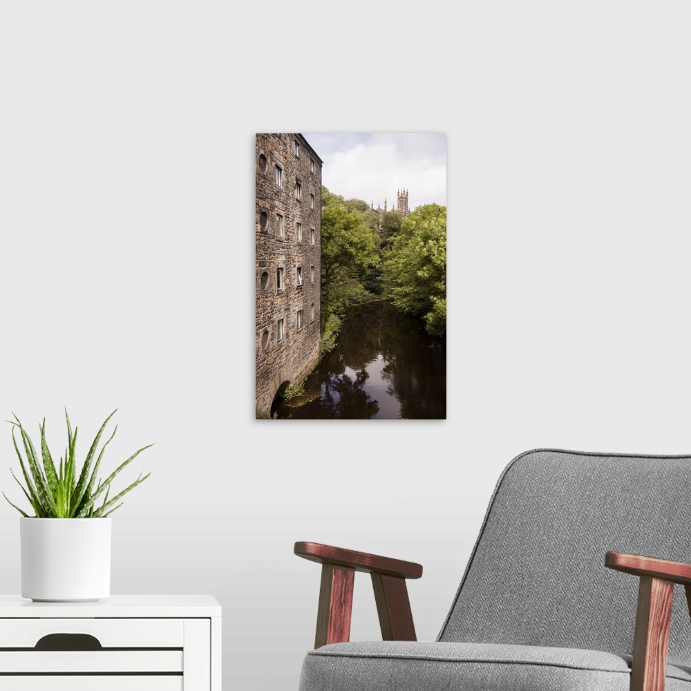 A modern room featuring Photograph of the picturesque area in Dean Village on the Water of Leith in Edinburgh, Scotland, UK.