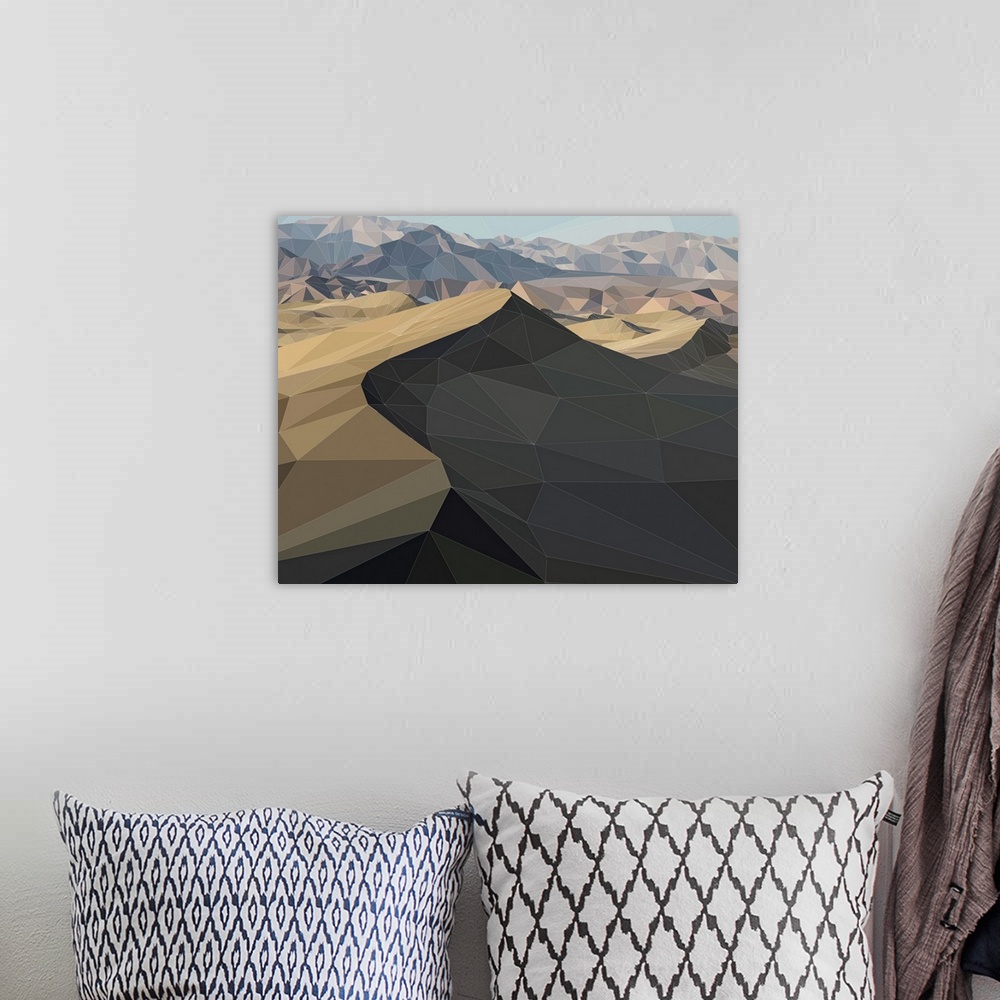 A bohemian room featuring Dunes in Death Valley, California, rendered in a low-polygon style.