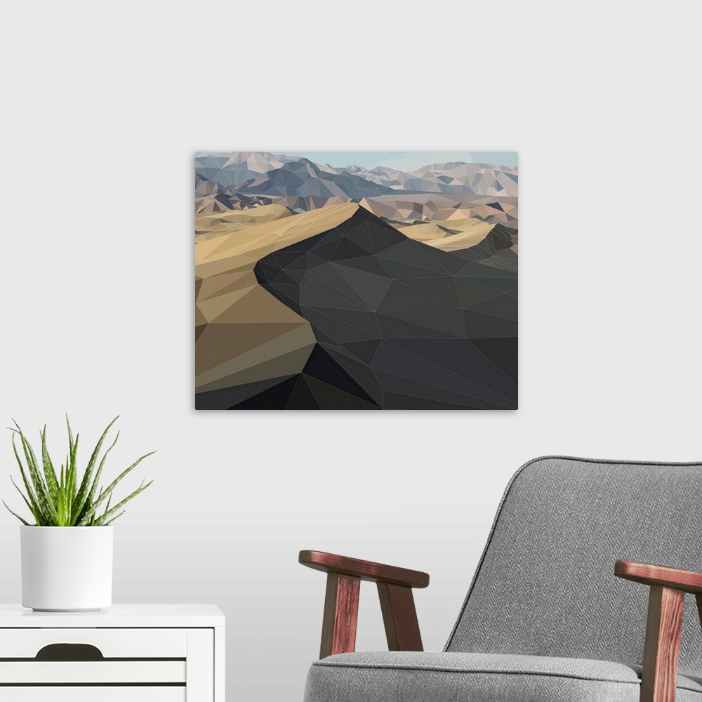 A modern room featuring Dunes in Death Valley, California, rendered in a low-polygon style.