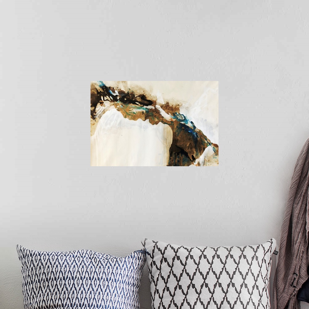 A bohemian room featuring Pastel earth-toned contemporary and abstract painting that portrays the cracks and creases in the...