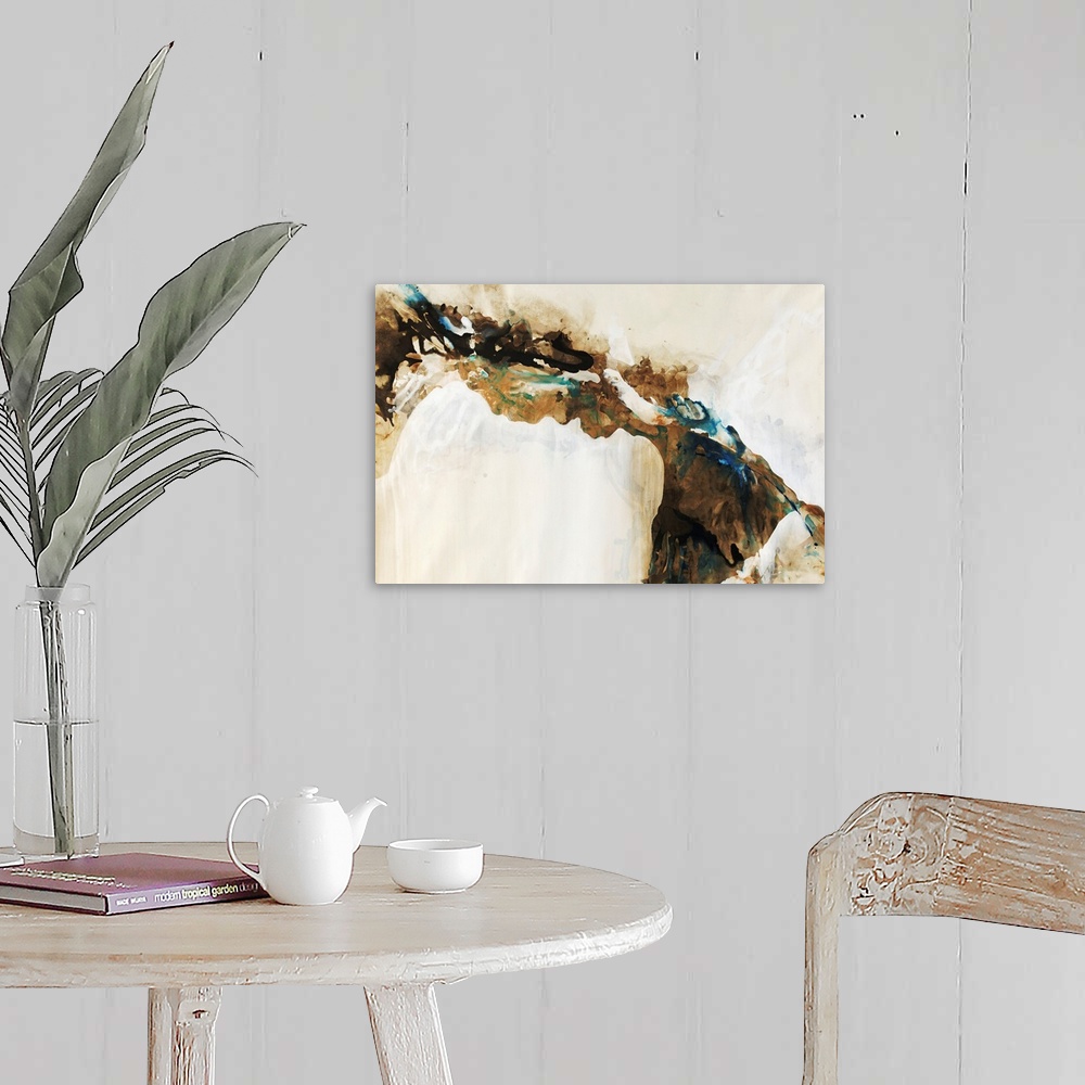 A farmhouse room featuring Pastel earth-toned contemporary and abstract painting that portrays the cracks and creases in the...