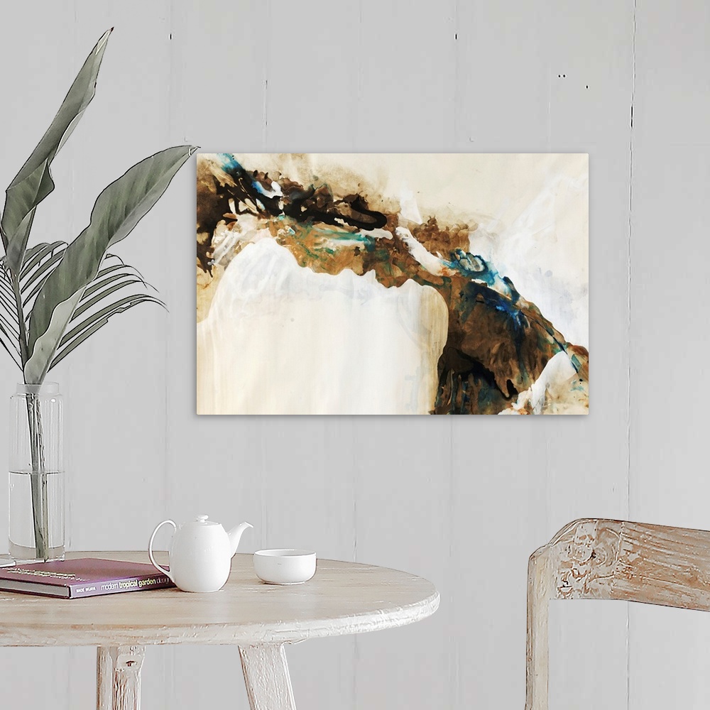 A farmhouse room featuring Pastel earth-toned contemporary and abstract painting that portrays the cracks and creases in the...