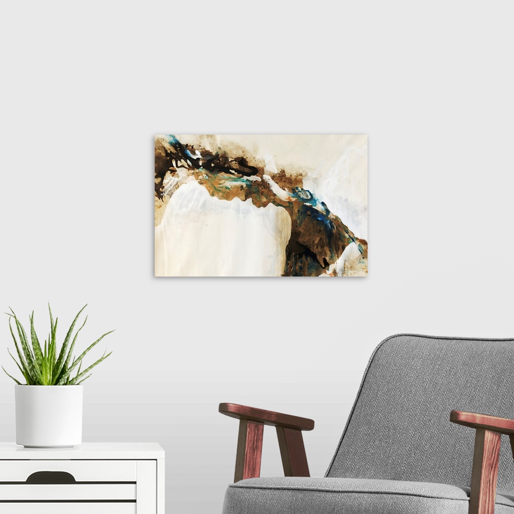 A modern room featuring Pastel earth-toned contemporary and abstract painting that portrays the cracks and creases in the...