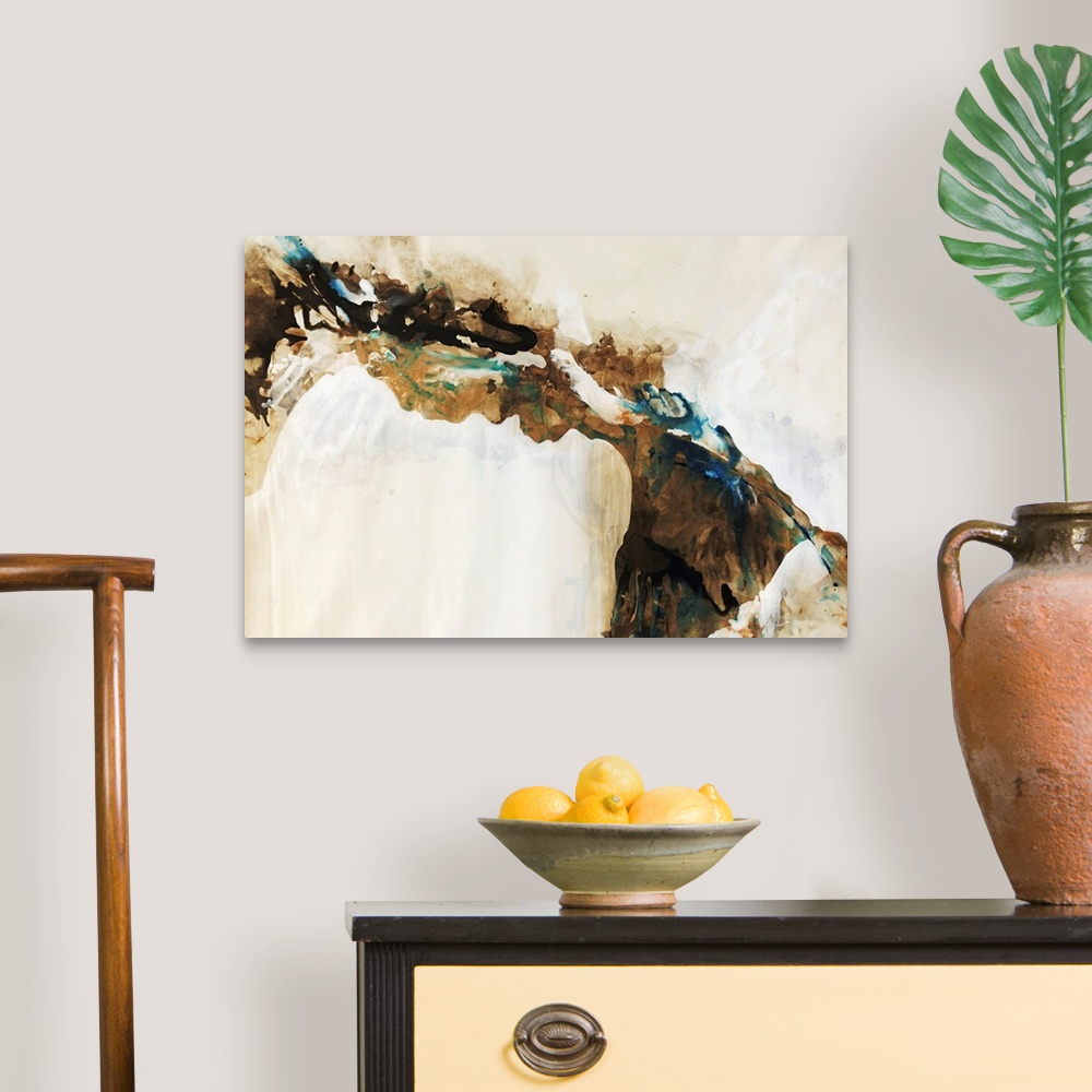 A traditional room featuring Pastel earth-toned contemporary and abstract painting that portrays the cracks and creases in the...
