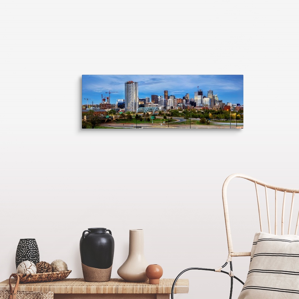 A farmhouse room featuring Photo of a Denver's skyline with light trails.