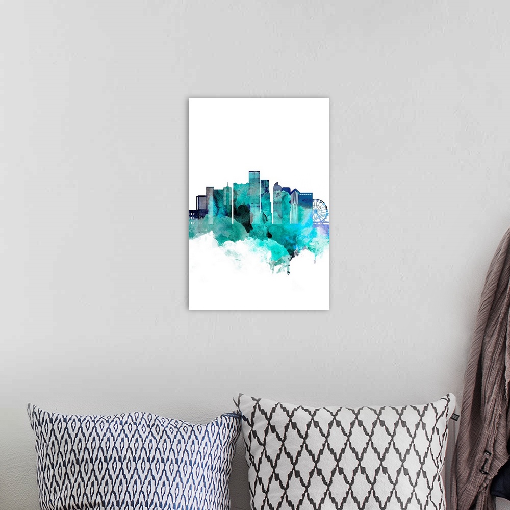 A bohemian room featuring The Denver, Colorado city skyline in watercolor splashes made with shades of blue.