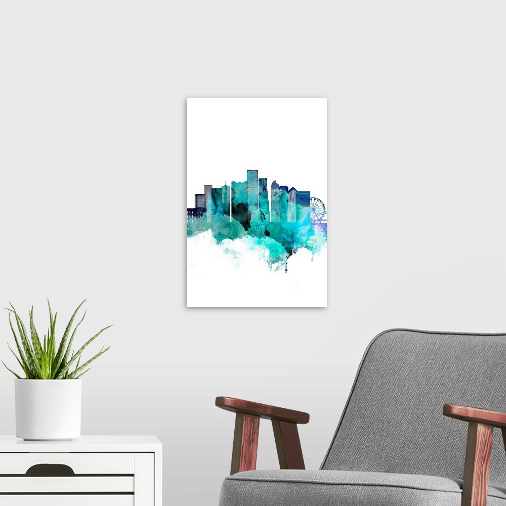 A modern room featuring The Denver, Colorado city skyline in watercolor splashes made with shades of blue.