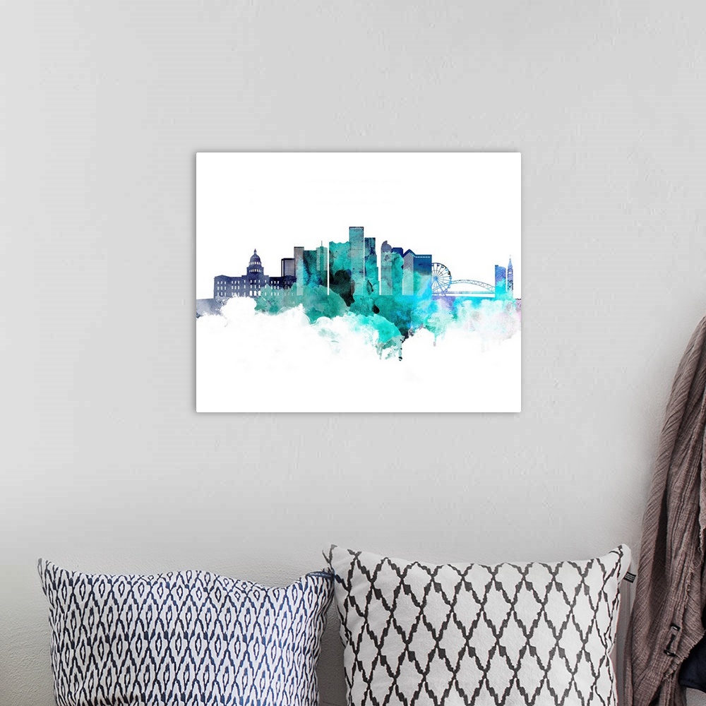 A bohemian room featuring The Denver, Colorado city skyline in watercolor splashes made with shades of blue.