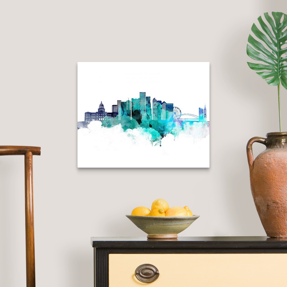 A traditional room featuring The Denver, Colorado city skyline in watercolor splashes made with shades of blue.