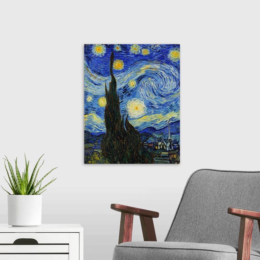 A modern room featuring The Starry Night (1889) by Vincent Van Gogh.