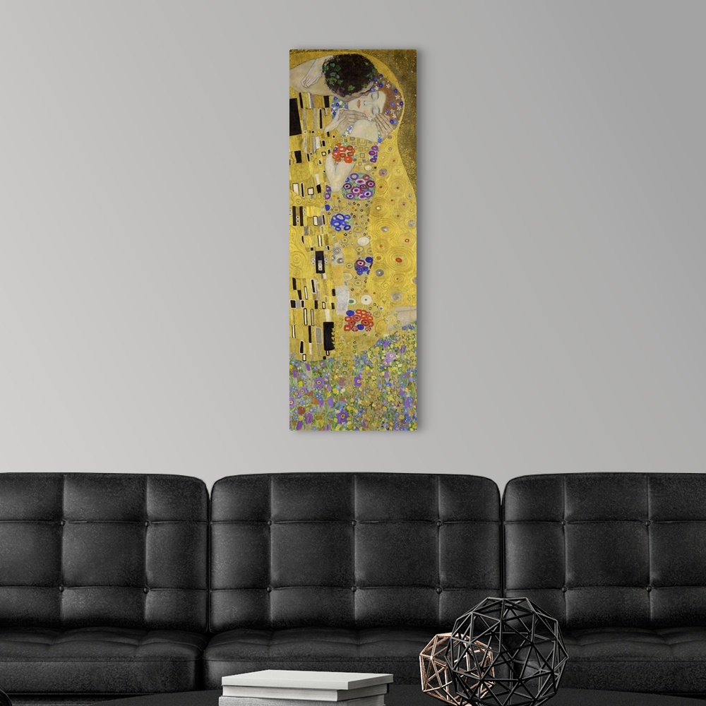 A modern room featuring Gustav Klimt's The Kiss (1907 - 1908) famous painting.