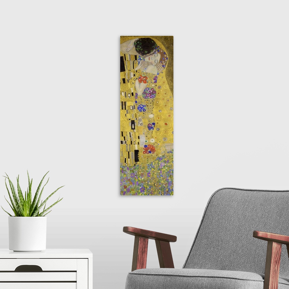 A modern room featuring Gustav Klimt's The Kiss (1907 - 1908) famous painting.