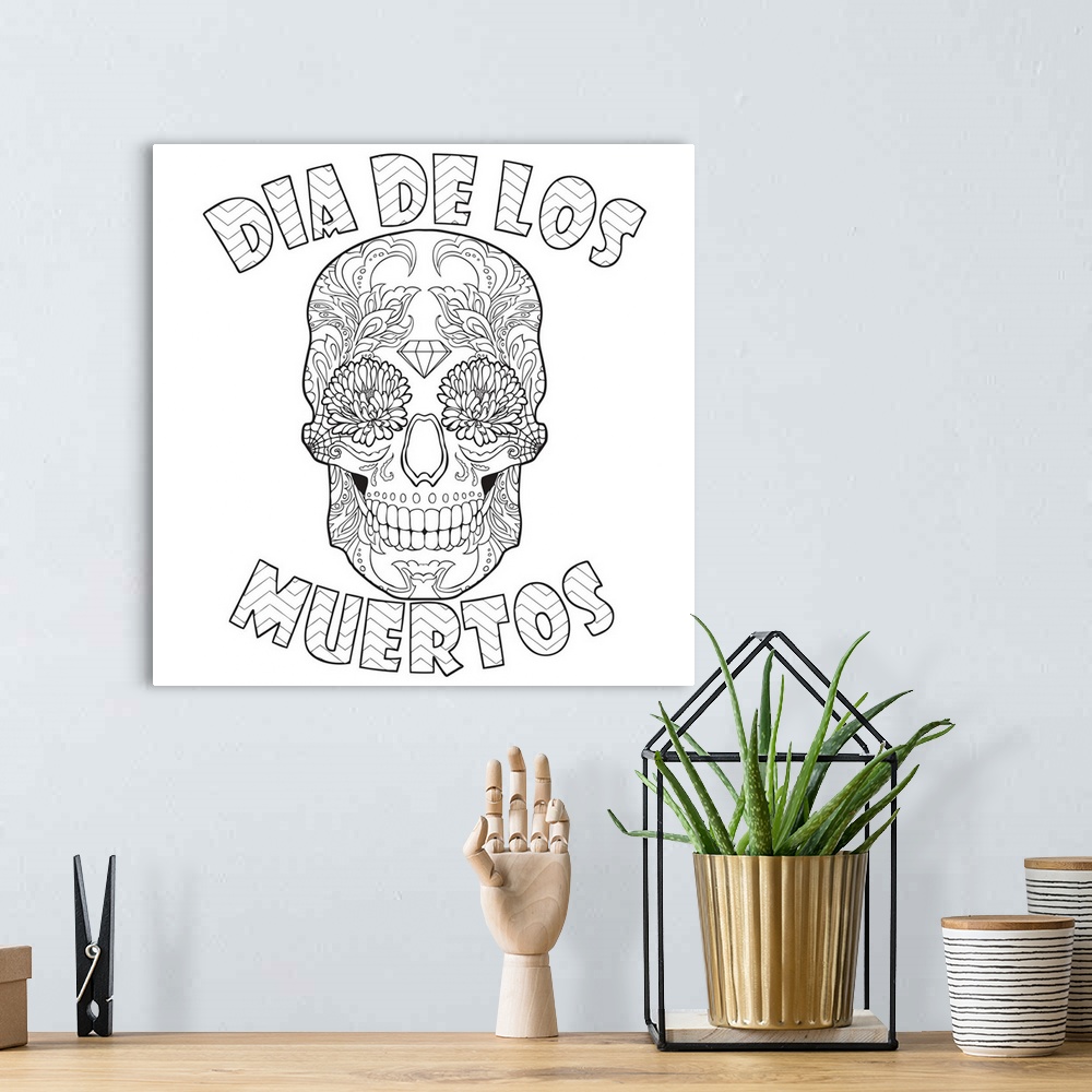A bohemian room featuring Contemporary line art of a sugar skull with the words Dia De Los Muertos surrounding it.