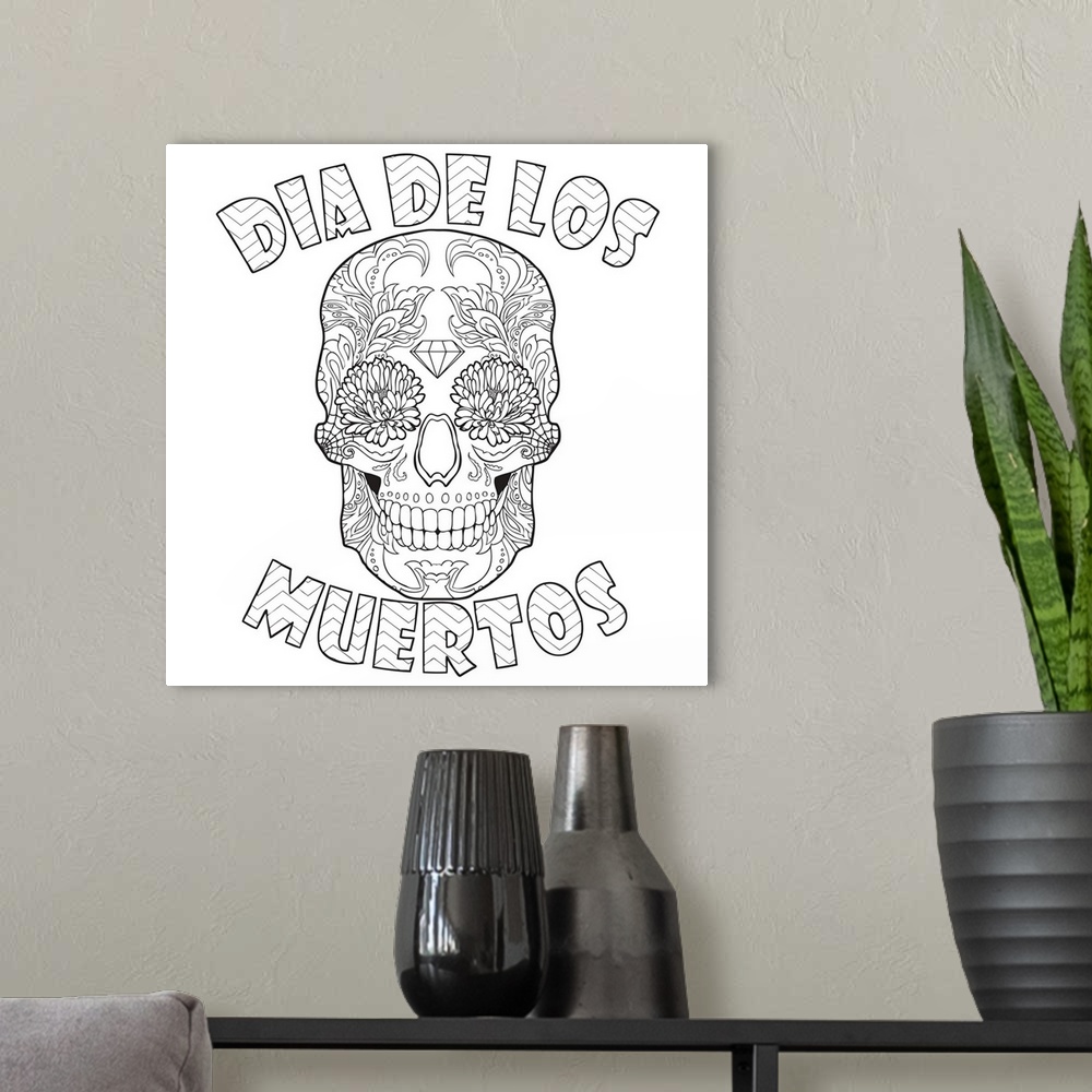 A modern room featuring Contemporary line art of a sugar skull with the words Dia De Los Muertos surrounding it.