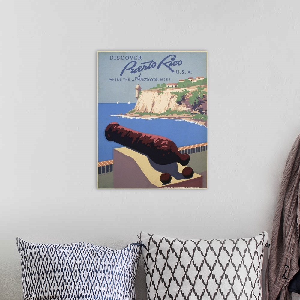 A bohemian room featuring Discover Puerto Rico U.S.A. Where the Americas meet. Poster promoting Puerto Rico for tourism, sh...