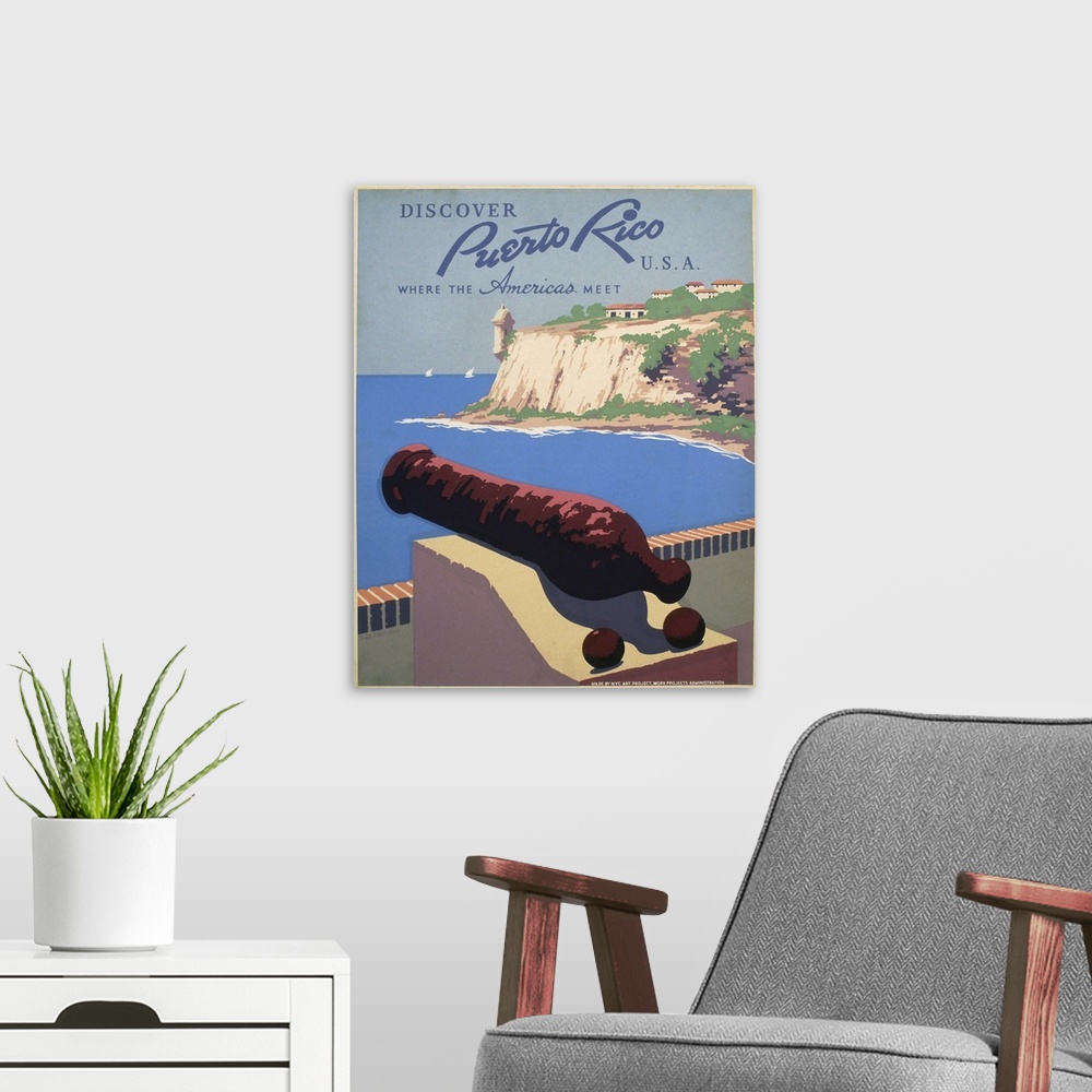 A modern room featuring Discover Puerto Rico U.S.A. Where the Americas meet. Poster promoting Puerto Rico for tourism, sh...