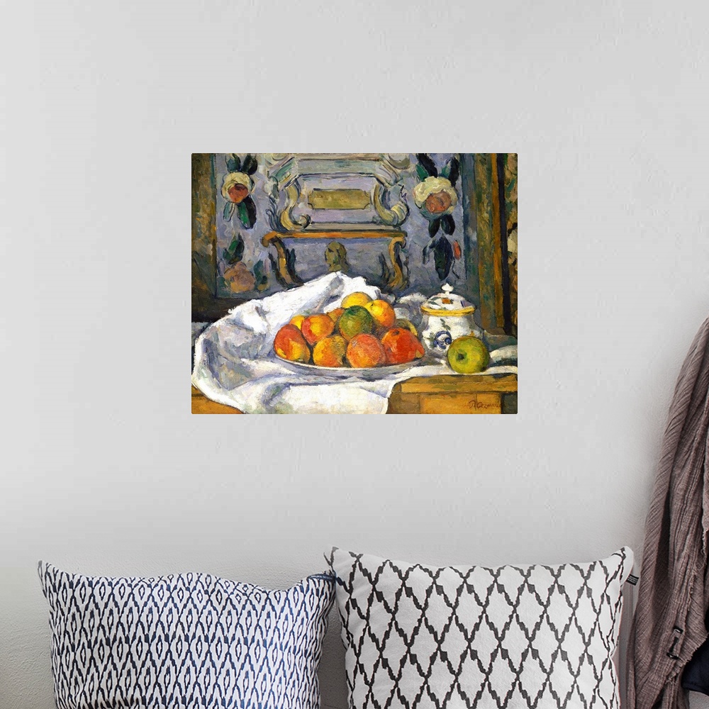 A bohemian room featuring This rich and dense still life, featuring a napkin shaped like Mont Sainte-Victoire, was painted ...