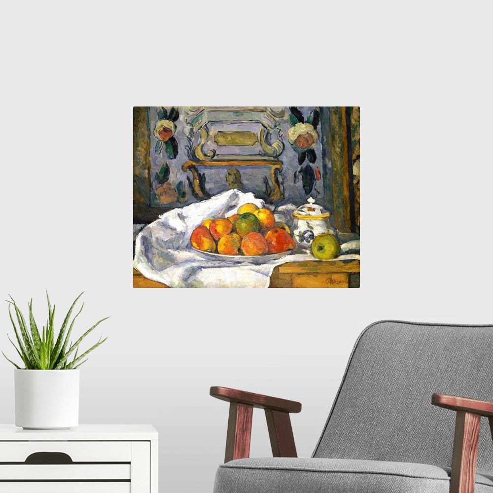 A modern room featuring This rich and dense still life, featuring a napkin shaped like Mont Sainte-Victoire, was painted ...