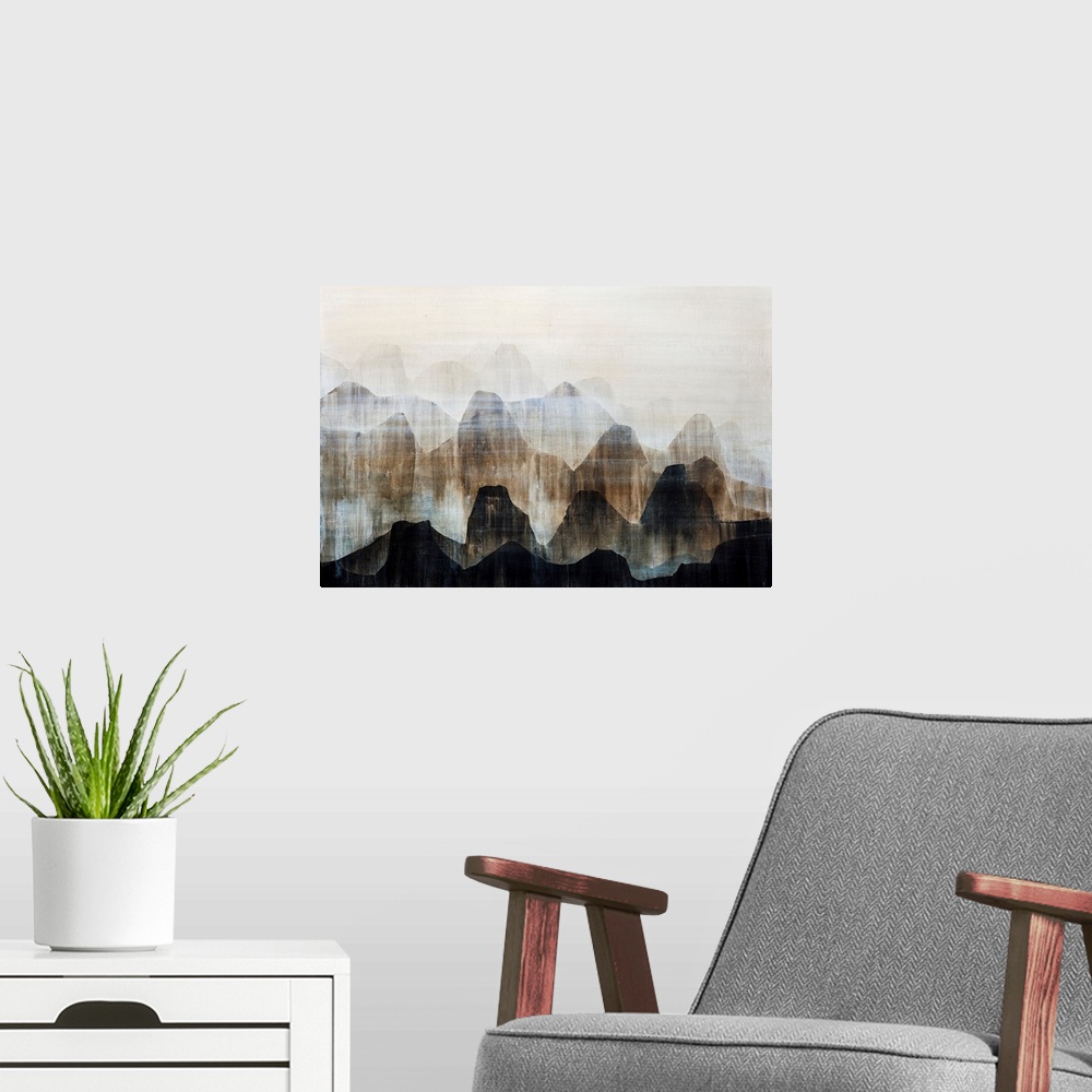 A modern room featuring Contemporary artwork of a mountain range painted in various earth-tones.