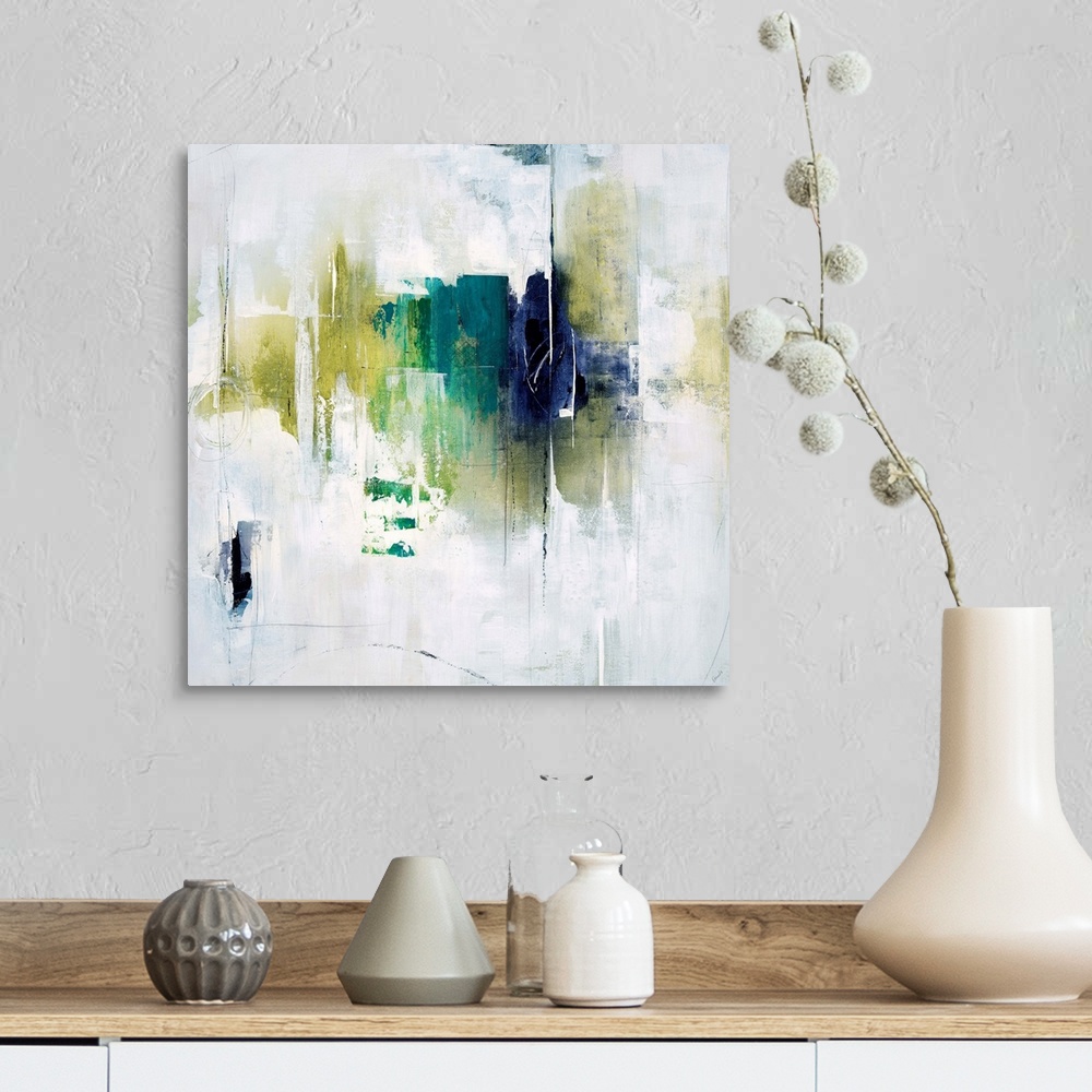 A farmhouse room featuring Abstract painting using vivid green and blue tones in gradients on a neutral background.