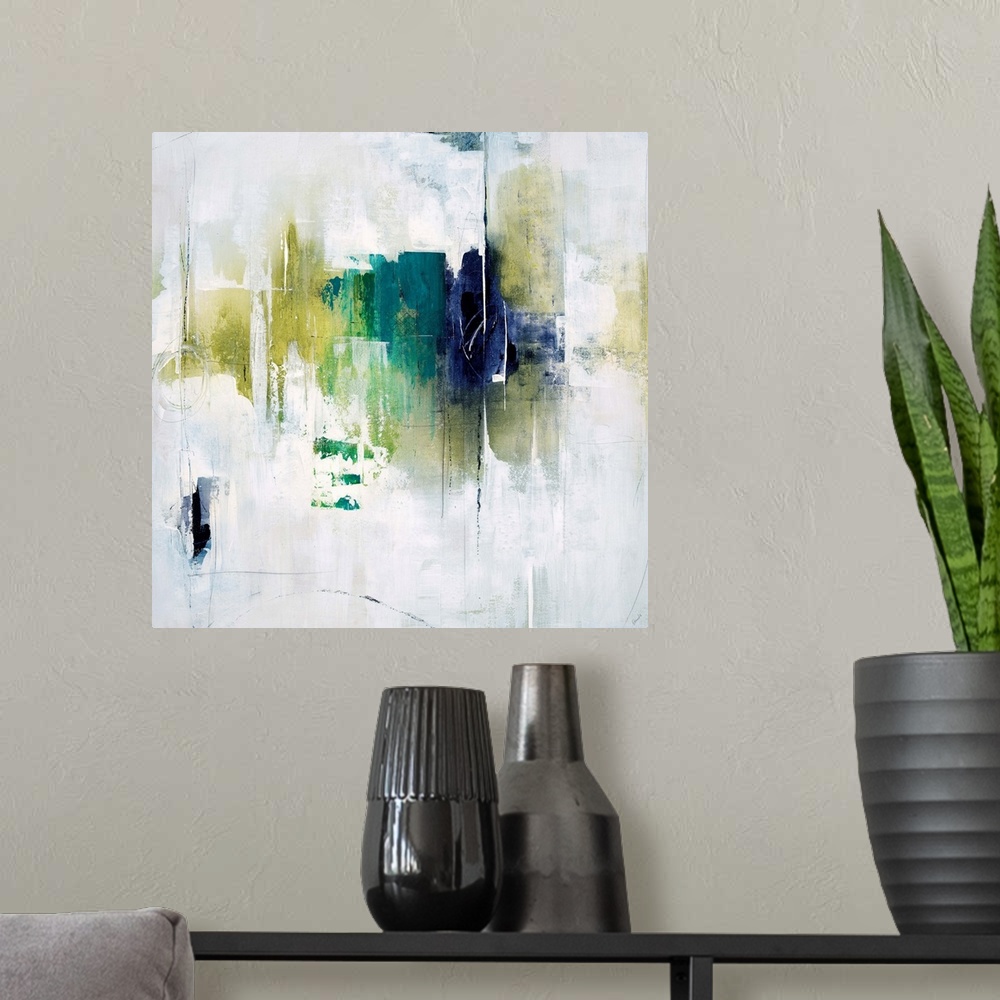 A modern room featuring Abstract painting using vivid green and blue tones in gradients on a neutral background.